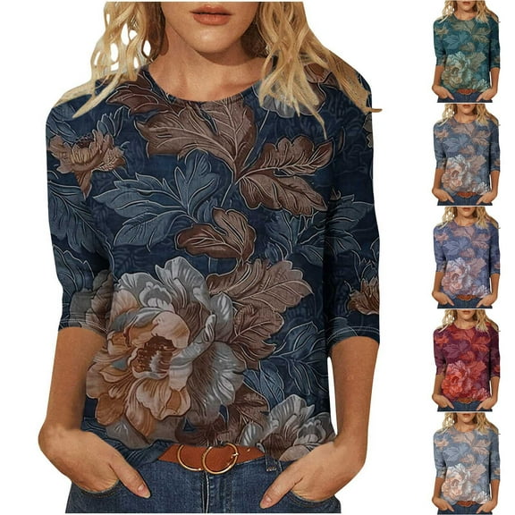 CYMMPU Vintage Floral Printed 3/4 Length Sleeve Basic Tees Crewneck Summer Fall Fashion Tunic Tops Shirts Business Work Blouses 2025 Clothes for Women Green XXL