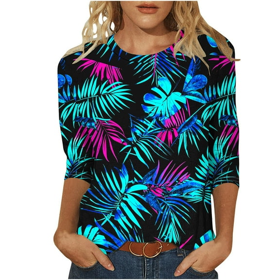 CYMMPU Vintage Floral Printed 3/4 Length Sleeve Crewneck Plus Size Tunic Tops Business Work Blouses Basic Tees Shirts Summer Fall 2025 Clothes for Women Sky Blue XL
