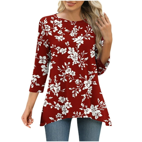 CYMMPU Vintage Floral Printed 3/4 Length Sleeve Shirts Basic Tees Crewneck Business Work Blouses to Wear with Leggings Fashion Hide Belly Tunic Tops Summer Fall 2025 Clothes for Women Red S