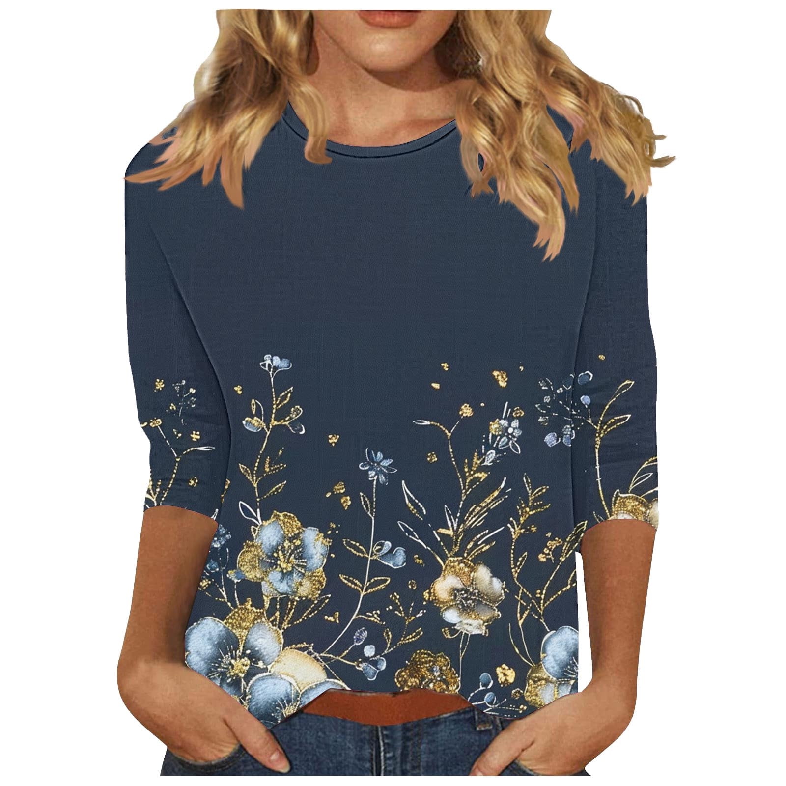 Women's 3/4 Sleeve Floral Print Blouse - Loose Fit Casual Plus Size Top, Crewneck Tee