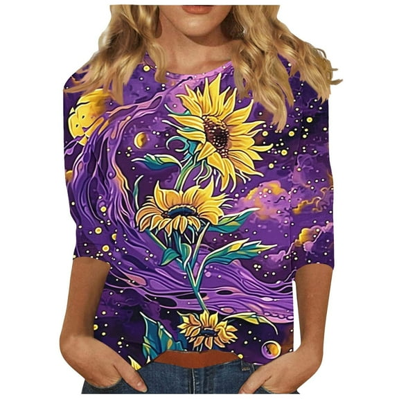 CYMMPU Vintage Floral Printed 3/4 Length Sleeve Shirts Summer Fall Business Work Blouses Crewneck Fashion Tunic Tops Basic Tees 2025 Clothes for Women Multicolor M