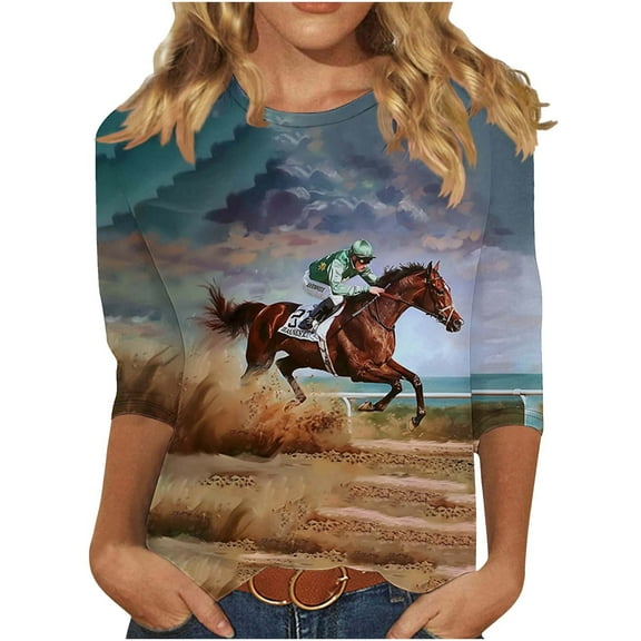 CYMMPU Vintage Horse Printed 3/4 Length Sleeve Crewneck Summer Fall Business Work Blouses Basic Tees Shirts Plus Size Tunic Tops 2025 Clothes for Women Multicolor XXL