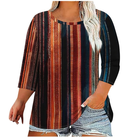 CYMMPU Western Printed 3/4 Length Sleeve Summer Fall Fashion Tunic Tops Basic Tees Crewneck Vintage Shirts Business Work Blouses 2025 Clothes for Women Brown XL