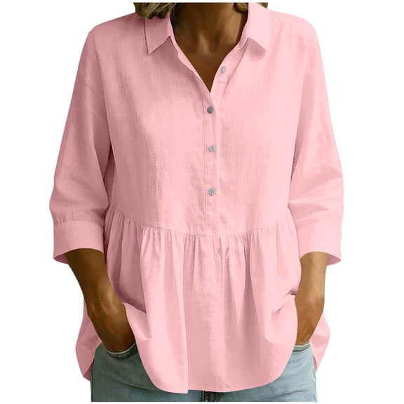 CYMMPU Women's 3/4 Sleeve Linen Peplum Shirt, Lapel Collar Button Down Tiered Flowy Casual Tunic Top Pink S