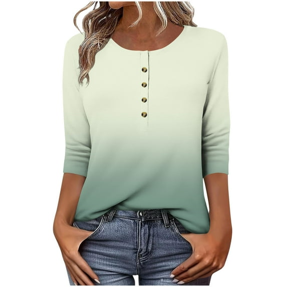 CYMMPU Women's Basic Tees Trendy Tunic Tops Gradient Color 3/4 Length Sleeve Button up Scoop Neck Shirts Casual Summer Fall Business Work Blouses 2025 Clothes Mint Green S