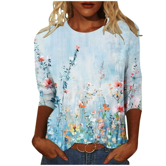CYMMPU Women's Basic Tees Tunic Tops Business Work Blouses Crewneck Floral Printed Flowy Blouse 3/4 Length Sleeve Shirts Summer Fall Casual 2025 Clothes Multicolor XXXXXL