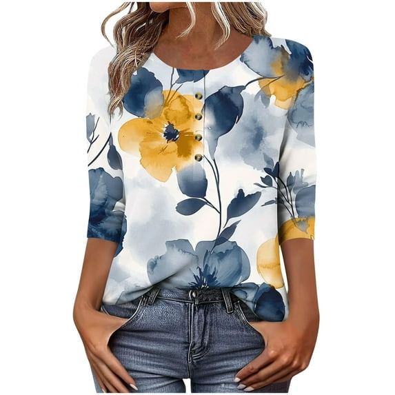 CYMMPU Women's Basic Tees Tunic Tops Floral Printed 3/4 Length Sleeve Button up Scoop Neck Summer Fall Business Work Blouses Swing Shirts Vintage 2025 Clothes Yellow L