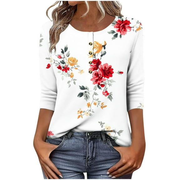 CYMMPU Women's Basic Tees Tunic Tops Floral Printed 3/4 Length Sleeve Button up Scoop Neck Summer Fall Business Work Blouses Vintage Swing Shirts 2025 Clothes White L