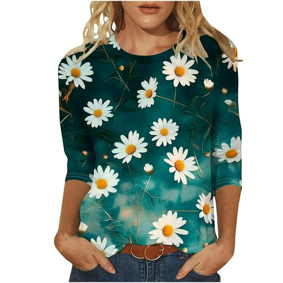 CYMMPU Women's Basic Tees Tunic Tops Floral Printed 3/4 Length Sleeve Vintage Summer Fall Crewneck Swing Shirts Business Work Blouses 2025 Clothes Army Green L