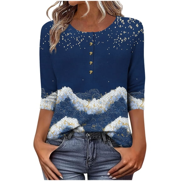 CYMMPU Women's Basic Tees Tunic Tops Shirts Button up Scoop Neck Floral Printed Flowy Blouse 3/4 Length Sleeve Casual Summer Fall Business Work Blouses 2025 Clothes Navy S