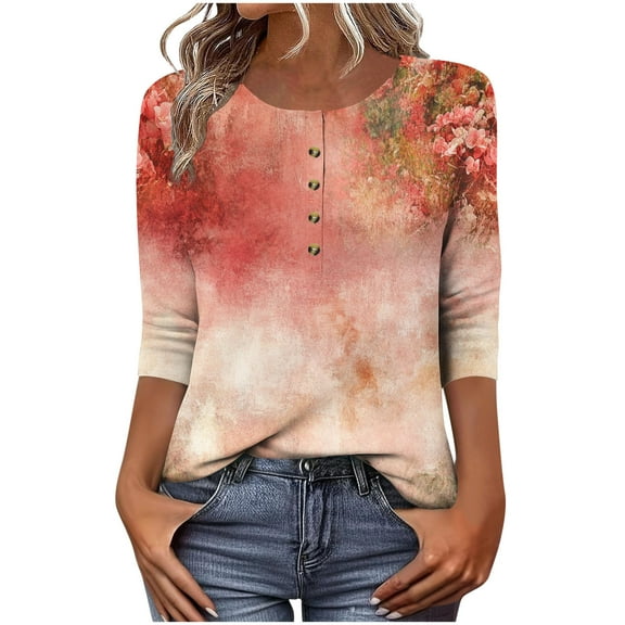 CYMMPU Women's Basic Tees Tunic Tops Shirts Button up Scoop Neck Floral Printed Flowy Blouse 3/4 Length Sleeve Summer Fall Business Work Blouses Casual 2025 Clothes Orange S