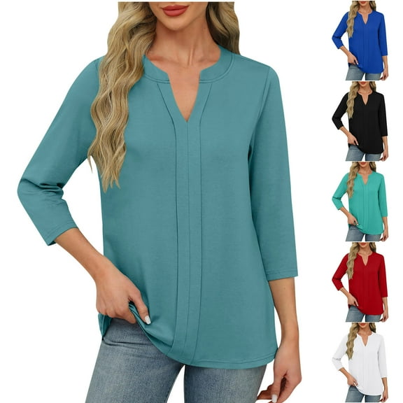 CYMMPU Women's Basic Tees Tunic Tops Shirts Summer Fall Business Work Blouses V-Neck Solid Color Flowy Blouse 3/4 Length Sleeve Casual 2025 Clothes Green M