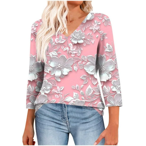 CYMMPU Women's Basic Tees Tunic Tops Vintage Swing Shirts Summer Fall Floral Printed 3/4 Length Sleeve V-Neck Business Work Blouses 2025 Clothes Pink L