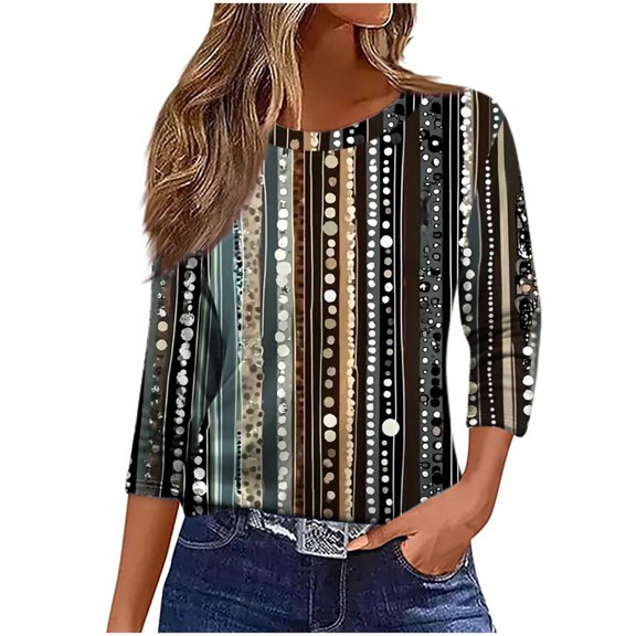 CYMMPU Women's Basic Tees Tunic Tops Western Printed Flowy Blouse 3/4 Length Sleeve Casual Crewneck Summer Fall Shirts Business Work Blouses 2025 Clothes Black S