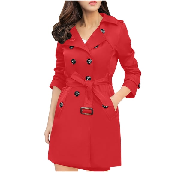 CYMMPU Women’s Belted Double Breasted Mid‑Length Trench Coat, Lapel Collar Waist Tie Side Pockets Long Sleeve Relaxed Outerwear Red XXL