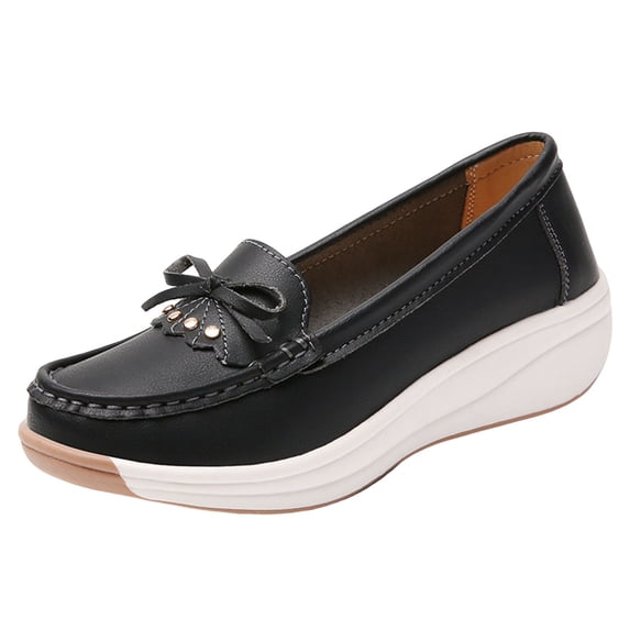 CYMMPU Women's Bow Decor Platform Loafers, Slip On Wedge Walking Shoes, Lightweight Daily Casual Footwear Black 40