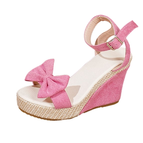 CYMMPU Women's Bow Knot Open Toe Wedge Sandals, Adjustable Ankle Strap Platform Espadrille Shoes, Fashion Summer Outdoor Beach Walking Footwear Pink 39