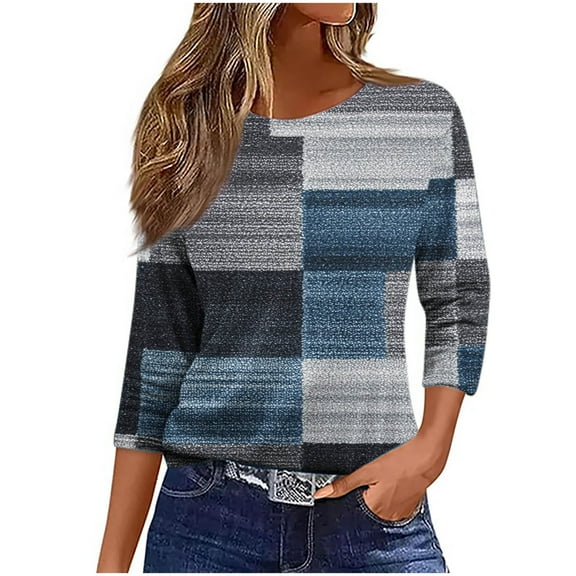 CYMMPU Women's Business Work Blouses Trendy Tunic Tops Casual Summer Fall Western Printed 3/4 Length Sleeve Crewneck Basic Tees Shirts 2025 Clothes Navy XXXL