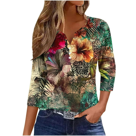 CYMMPU Women's Business Work Blouses Trendy Tunic Tops Western Printed 3/4 Length Sleeve Shirts Basic Tees Summer Fall Casual V-Neck 2025 Clothes Khaki S
