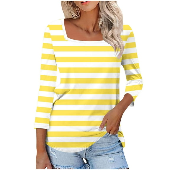 CYMMPU Women's Business Work Blouses Tunic Tops Casual Shirts Square Neck Summer Fall Basic Tees Striped Flowy Blouse 3/4 Length Sleeve 2025 Clothes Yellow S