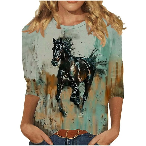 CYMMPU Women's Business Work Blouses Tunic Tops Crewneck Casual Shirts Basic Tees Summer Fall Horse Printed Flowy Blouse 3/4 Length Sleeve 2025 Clothes Multicolor XXXXXL