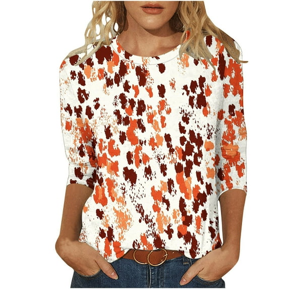 CYMMPU Women's Business Work Blouses Tunic Tops Crewneck Summer Fall Floral Printed 3/4 Length Sleeve Vintage Swing Shirts Basic Tees 2025 Clothes Orange XXXXXL