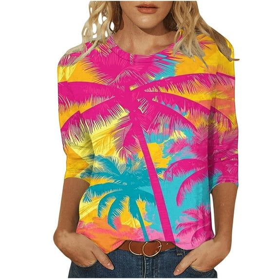 CYMMPU Women's Business Work Blouses Tunic Tops Crewneck Swing Shirts Vintage Summer Fall Floral Printed 3/4 Length Sleeve Basic Tees 2025 Clothes Orange L