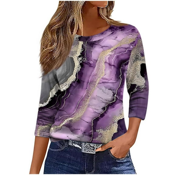 CYMMPU Women's Business Work Blouses Tunic Tops Western Printed Flowy Blouse 3/4 Length Sleeve Basic Tees Crewneck Casual Summer Fall Shirts 2025 Clothes Purple S