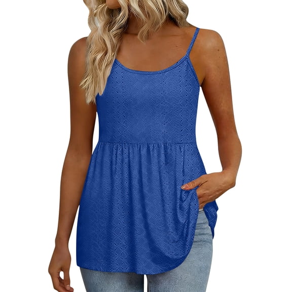 CYMMPU Women's Button-Front Linen Cami, Spaghetti Strap Tank Top with Partial Button Placket, Relaxed Fit Summer Top Blue S
