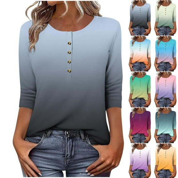 CYMMPU Women's Button up Scoop Neck Gradient Color 3/4 Length Sleeve Summer Fall Business Work Blouses Swing Shirts Tunic Tops Vintage Basic Tees 2025 Clothes Gray L