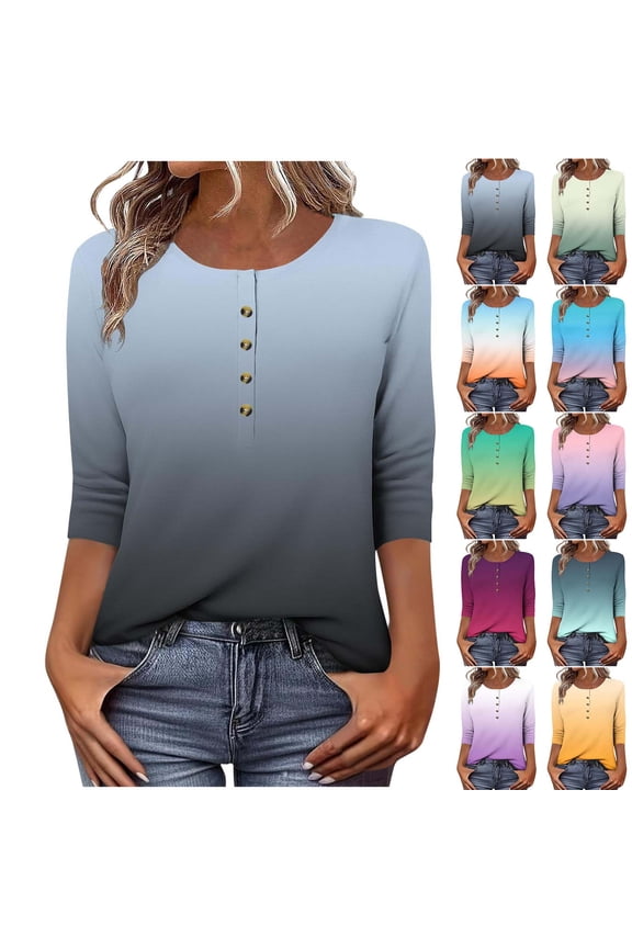 Women's Button up Scoop Neck Gradient Color 3/4 Length Sleeve Summer Fall Business Work Blouses Swing Shirts Tunic Tops Vintage Basic Tees 2025 Clothes Gray L