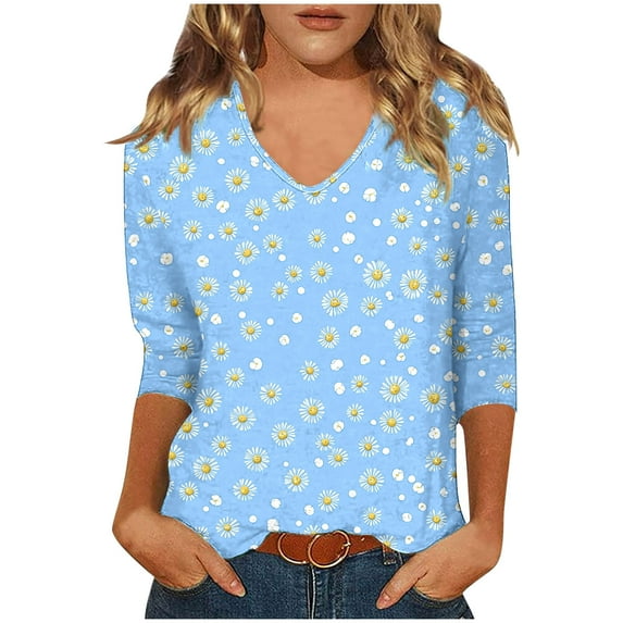 CYMMPU Women's Casual Floral Printed 3/4 Length Sleeve Shirts V-Neck Trendy Tunic Tops Business Work Blouses Basic Tees Summer Fall 2025 Clothes Light Blue S