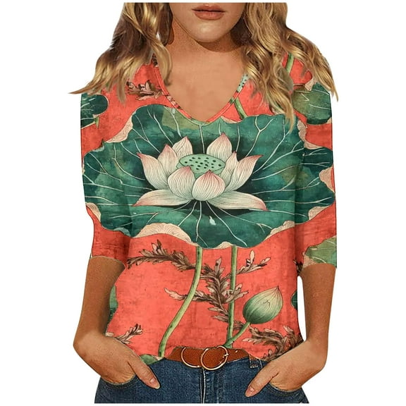 CYMMPU Women's Casual Floral Printed 3/4 Length Sleeve Shirts V-Neck Trendy Tunic Tops Summer Fall Basic Tees Business Work Blouses 2025 Clothes Hot Pink S