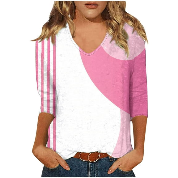 CYMMPU Women's Casual Floral Printed 3/4 Length Sleeve Shirts V-Neck Trendy Tunic Tops Summer Fall Business Work Blouses Basic Tees 2025 Clothes Pink S