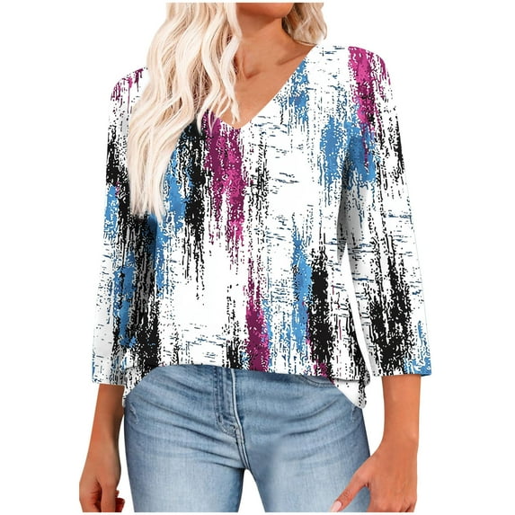 CYMMPU Women's Casual Floral Printed 3/4 Length Sleeve Trendy Tunic Tops Business Work Blouses Basic Tees V-Neck Shirts Summer Fall 2025 Clothes Purple S