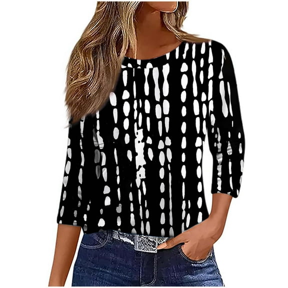 CYMMPU Women's Casual Western Printed 3/4 Length Sleeve Summer Fall Basic Tees Trendy Tunic Tops Shirts Business Work Blouses Crewneck 2025 Clothes Black L