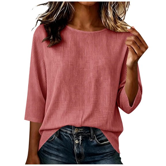 CYMMPU Women's Classic Ribbed Knit Crew Neck T-Shirt, 3/4 Sleeve Semi-Fit Design, Simple Practical Everyday Top for Spring & Summer Red S