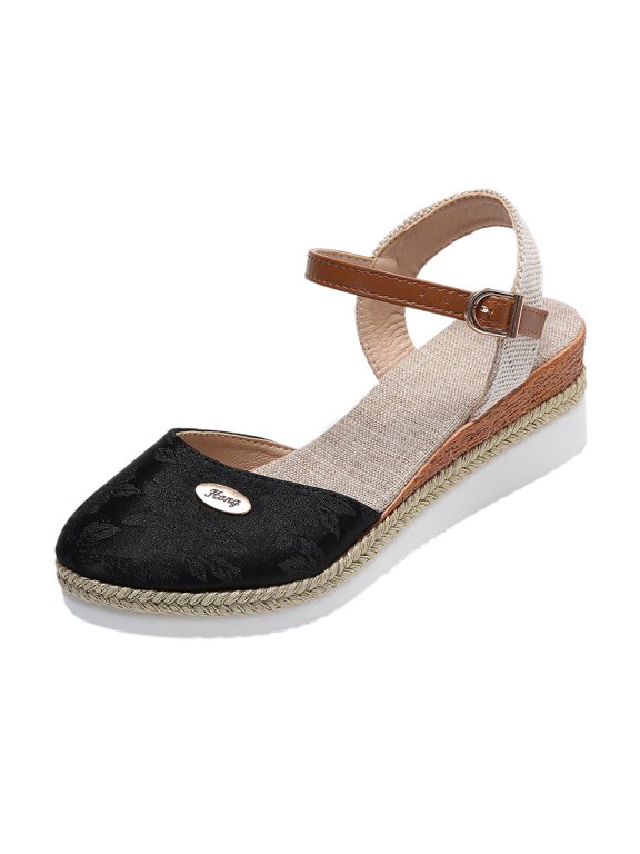 Women's Closed Round Toe Slingback Wedge Sandals, Espadrille Woven Platform Shoes, Adjustable Buckle Strap Spring Summer Casual Beach Footwear Black 36