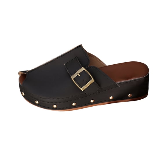 CYMMPU Women's Closed Toe Buckle Wedge Mules Slip On Backless Footwear for Casual Daily and Dressy Occasions Black 37
