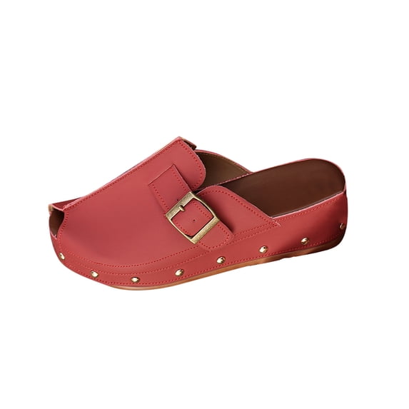 CYMMPU Women's Closed Toe Buckle Wedge Mules Slip On Backless Footwear for Casual Daily and Dressy Occasions Wine 40