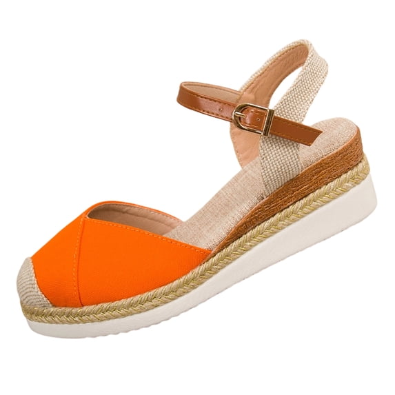 CYMMPU Women's Color Block Closed Toe Slingback Wedge Sandals, Espadrille Woven Platform Shoes, Adjustable Buckle Strap Summer Beach Shoes Orange 41