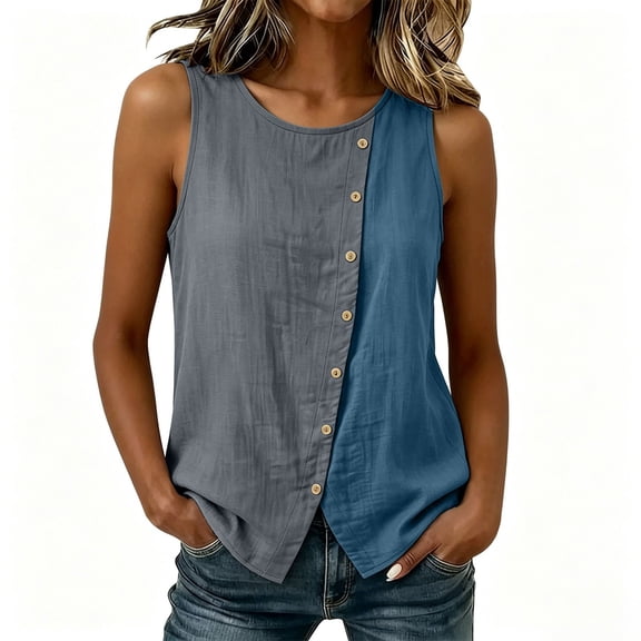 CYMMPU Women's Colorblock Button Tank, Sleeveless Linen Blend Blouse with Diagonal Buttons, Relaxed Fit Summer Wear Navy S