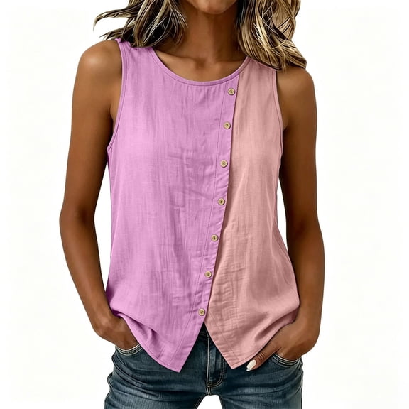 CYMMPU Women's Colorblock Button Tank, Sleeveless Linen Blend Blouse with Diagonal Buttons, Relaxed Fit Summer Wear Pink S