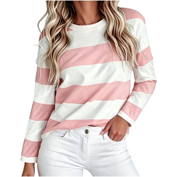 CYMMPU Women's Crew Neck Long Sleeve Striped Print Top, Loose Fit Casual Pullover Shirt for Everyday Wear and Relaxed Outings Pink L