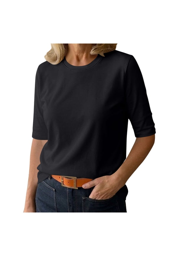 Women's Crew Neck Mid-Length Sleeve T-Shirt, Solid Color Semi-Fit Top, Simple Classic Casual Wear for Spring & Summer Black S