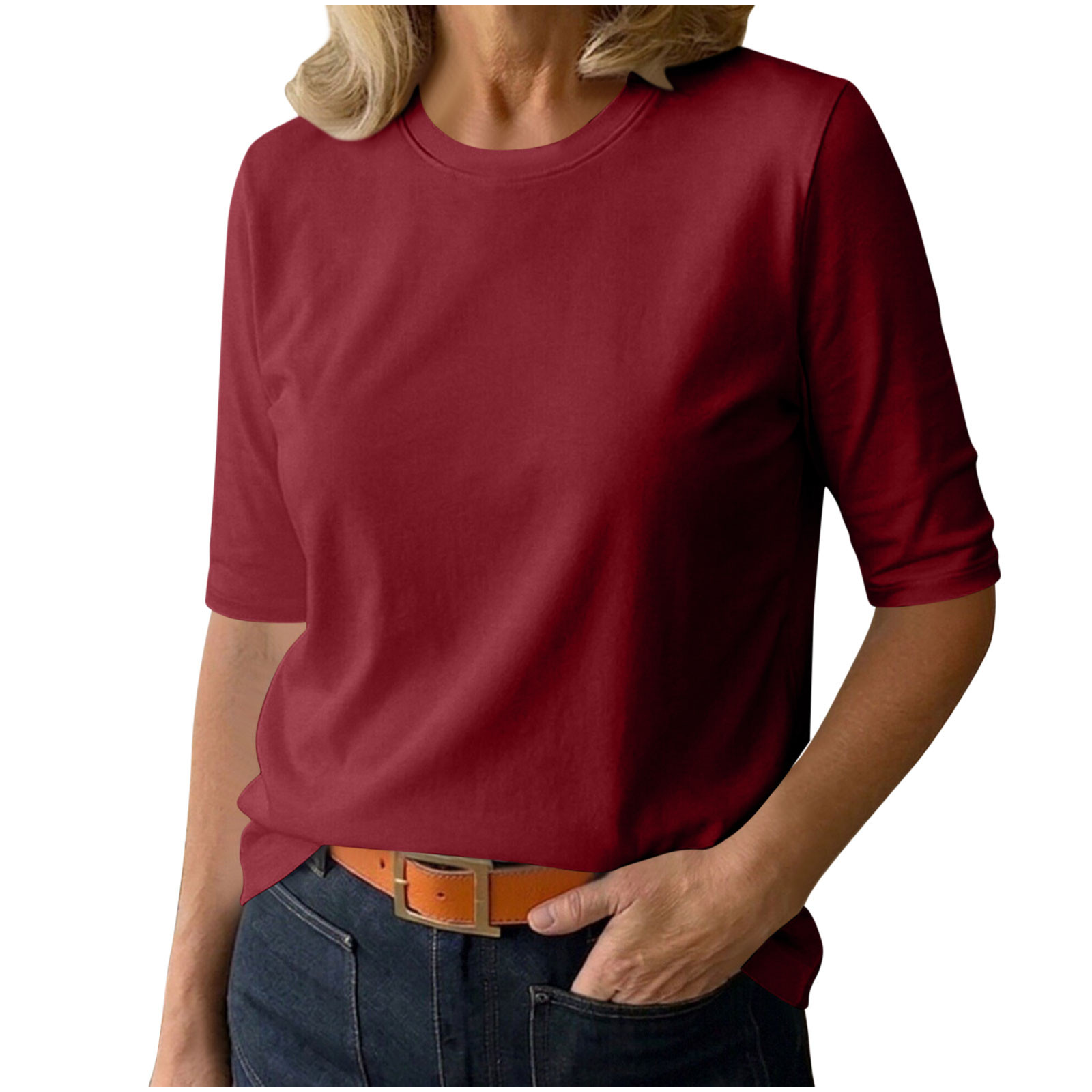 CYMMPU Women's Crew Neck Mid-Length Sleeve T-Shirt, Solid Color Semi-Fit Top, Simple Classic Casual Wear for Spring & Summer Wine XXL