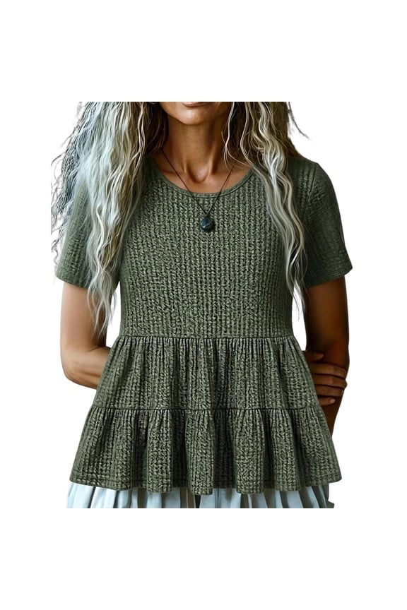 Women's Crew Neck Short Sleeve Peplum Tunic Top with Gathered Hem, Solid Color Fashion Blouse, Versatile Casual Apparel for Summer & Fall Seasons Green XL
