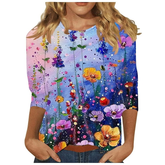 CYMMPU Women's Crewneck Floral Printed 3/4 Length Sleeve Swing Shirts Tunic Tops Summer Fall Vintage Business Work Blouses Basic Tees 2025 Clothes Multicolor S
