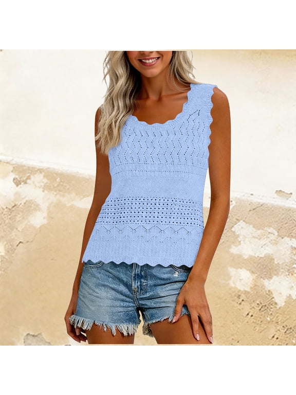 Women's Crochet Lace Tank, Round Neck Sleeveless Top with Scalloped Lace Trim & Openwork Pattern, Boho Summer Wear Light Blue L