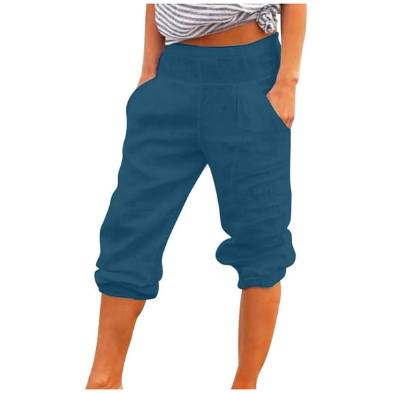 LMOIPLI Women's Crop Pants Vintage Women's Capri Pants Slim Elastic High Waist Fashion Summer Clothes Sports Jogger Plain Color Women's Capri Pants Dark Blue XXL
